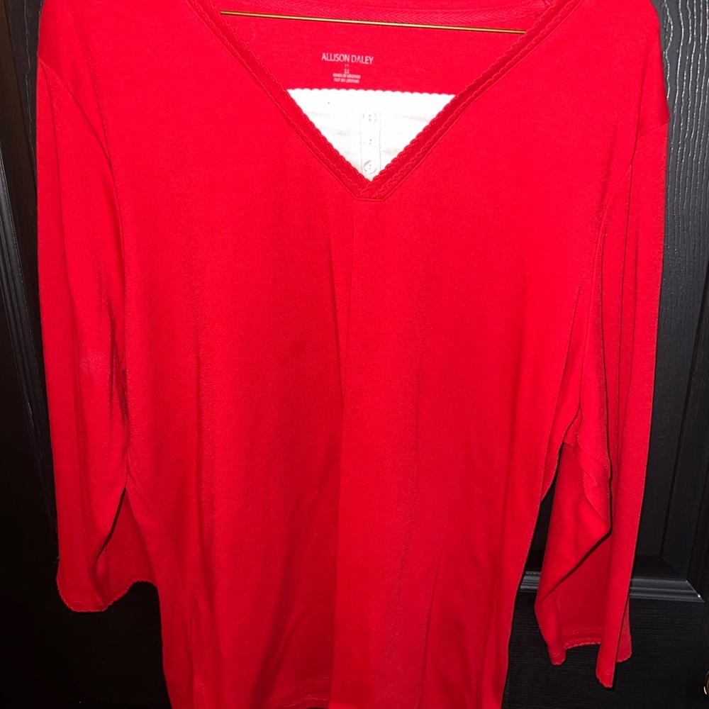Allison Daley Bright Red V-Neck Knit Top with White Henley Placket